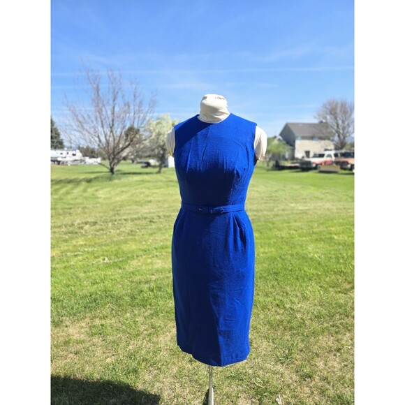 VTG 1960s Royal Blue Knit 3pc Wiggle Dress Jacket Belt Madmen Pinup Tailored - Picture 7 of 8